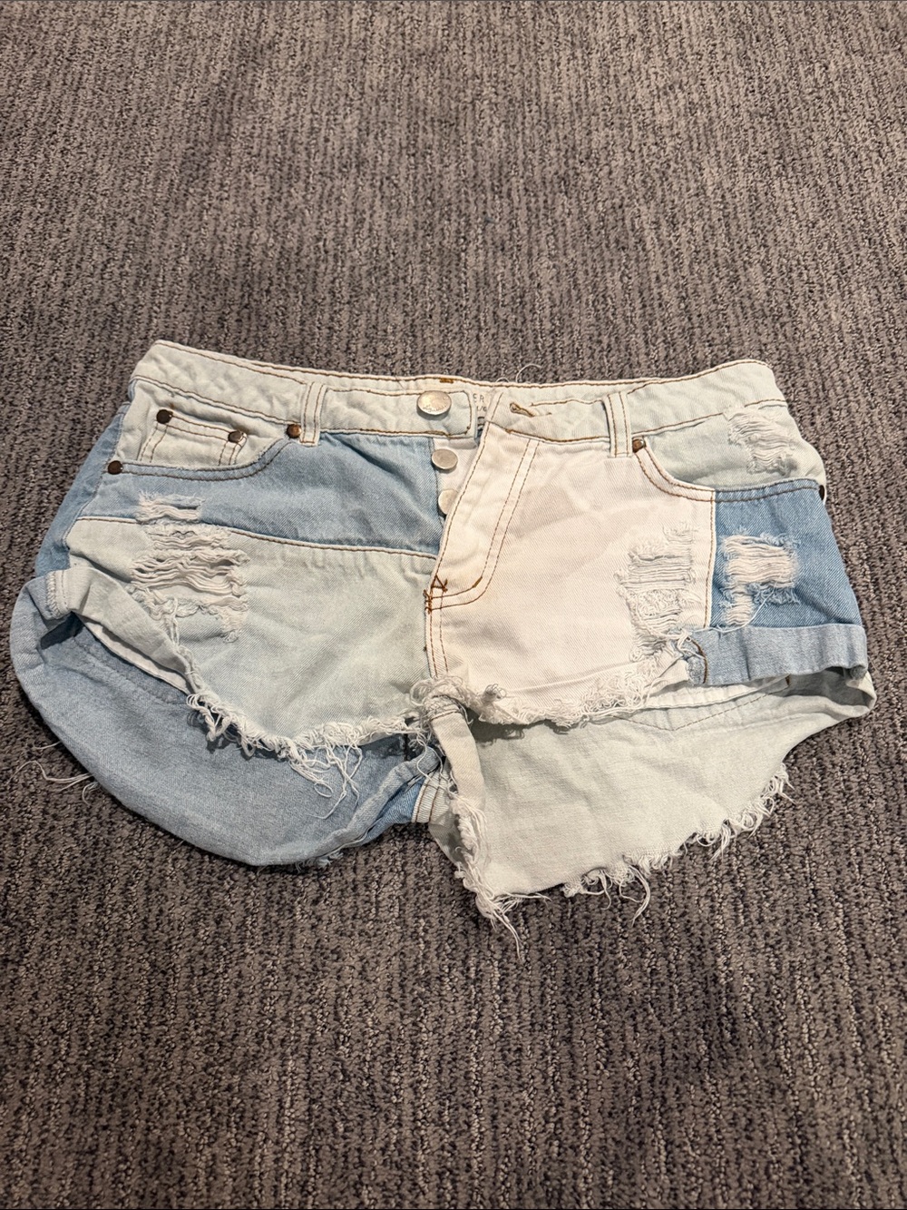 By Together Two-Tone Patchwork Light Blue & White Denim Shorts